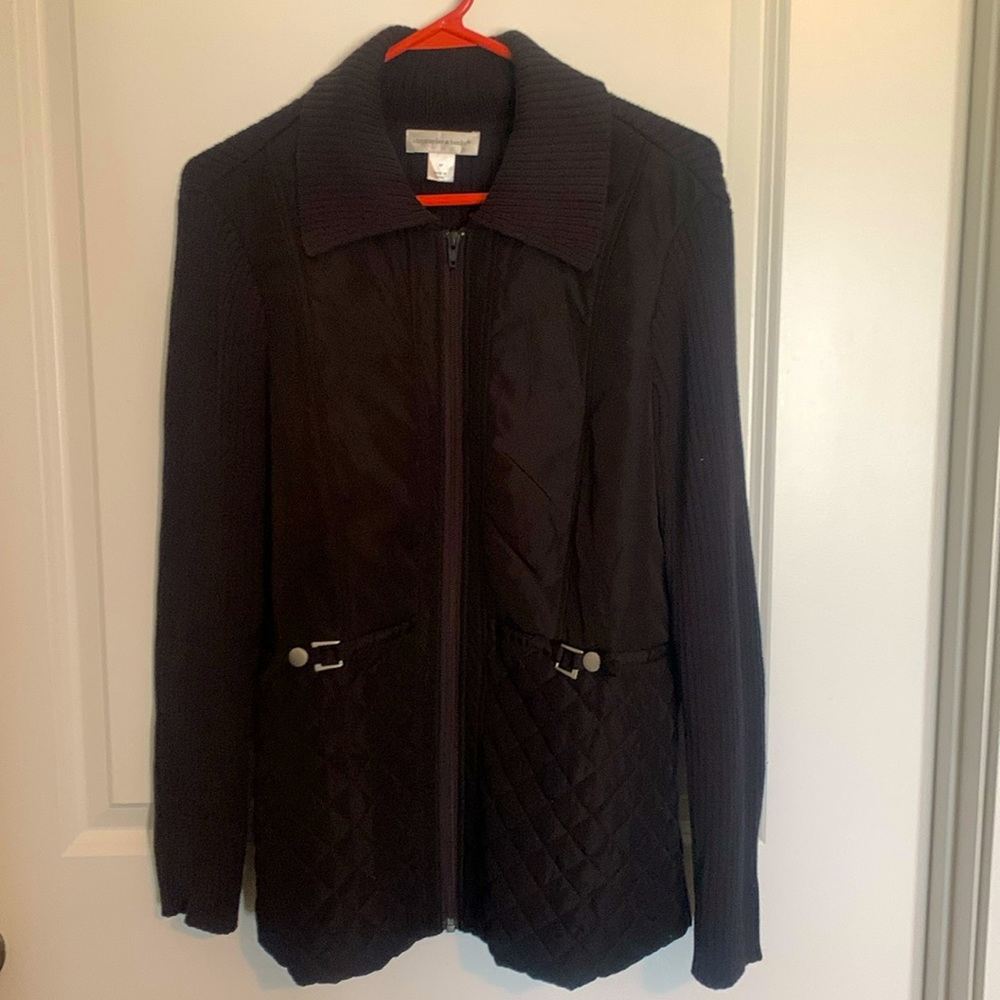 Quilted, black, sweater jacket with buckles
